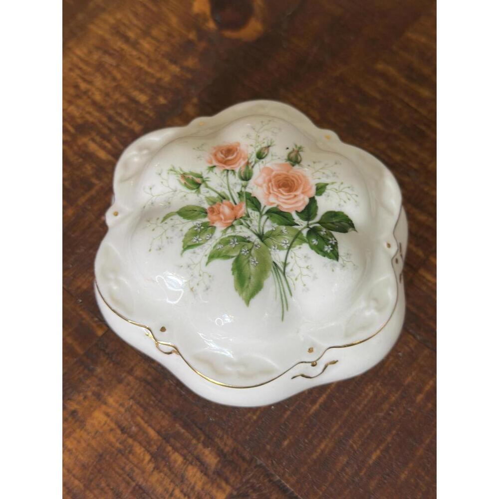 Vintage Rose Trinket Dish with Lid, Cabbage Rose, Gold Trim, Trinket Box